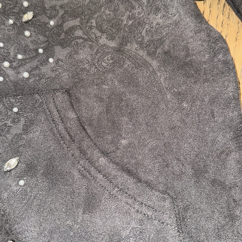 Gray Pearl Studded Embellished Bandana Felt Print Hooded Zip Jacket Sweat Set - Picture 14 of 14